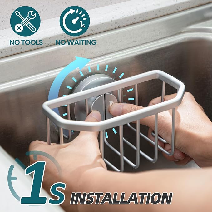 TAILI Sink Caddy with Strong Suction Cup, Sponge Holder for Sink-Silver | for Kitchen Sink Organizer, Removable Sponge Caddy Inside Sink, Rustproof Aluminum Holder for Sponges, Brushes, Scrubber - Image 2