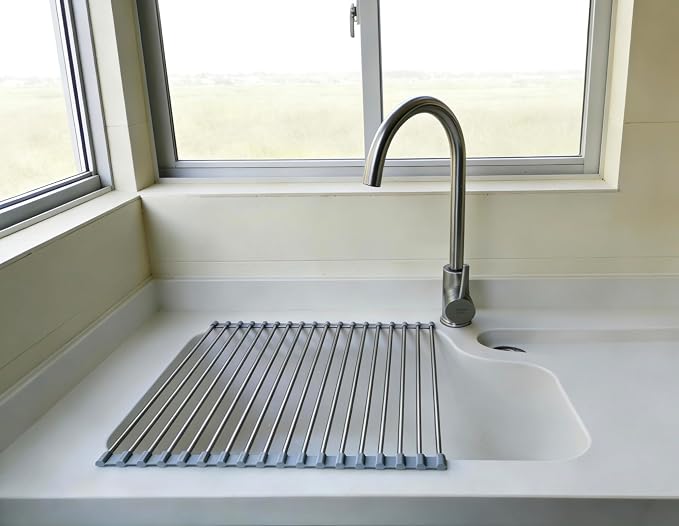 Roll Up Dish Drying Rack, Stainless Steel and Silicone Dish Drying Mat Over The Sink Foldable Drain Rack Multipurpose Dish Drainer for Kitchen, 14.5” x 14”, Gray - Image 4