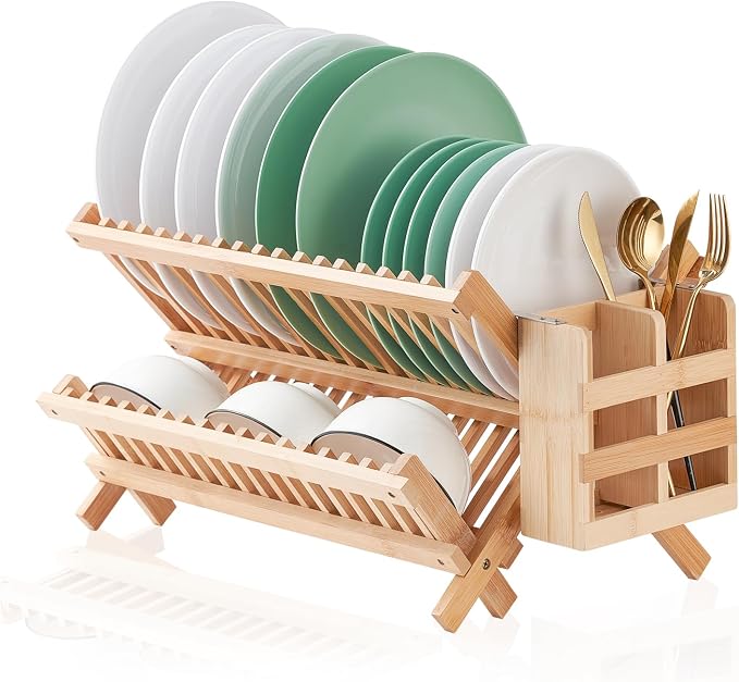 Bamboo Dish Drying Rack, 2 Tier Collapsible Dish Rack with Utensil Holder, Wooden Dish Drying Rack for Kitchen Counter, Large Folding Drying Holder, Dish Drainer 34 pcs Grid | Wooden Dish Drying Rack with Utensil Holder for Kitchen Counter, Large Foldi... by Worthyeah