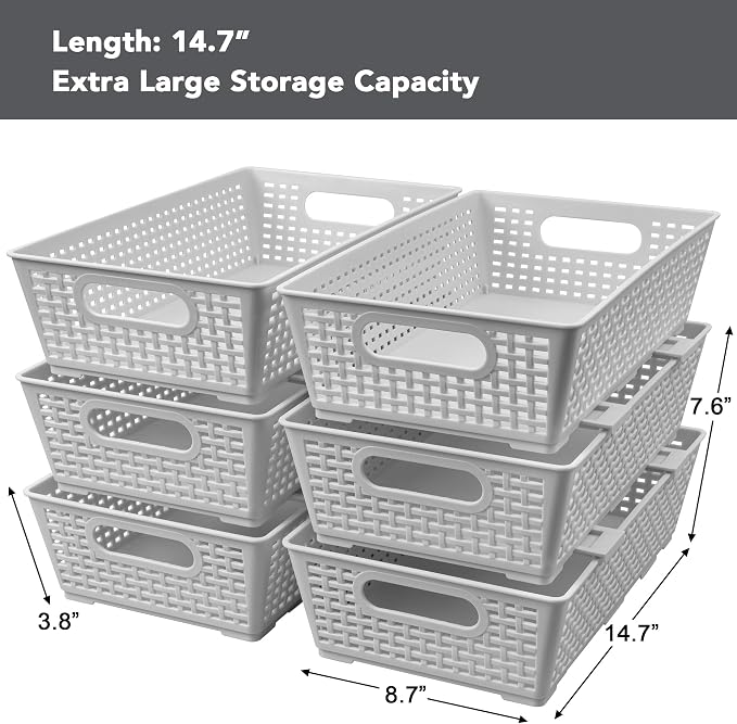 Tiawudi Stackable Woven Plastic Basket, Storage Bins for Cabinet, Closet, Shelf, Under Sink and Countertop, Pantry Organizer Bins, 6 Pack - Image 2