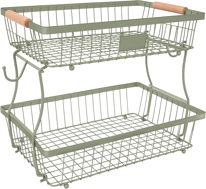 Fruit Basket Bowl 2 Tier Detachable with 2 Banana Hangers, Fruit Stand Holder for Kitchen Countertop, Metal Wire Vegetable Storage Organizer, for Bread Snack Veggies Produce,green by Lawhood-Mijin