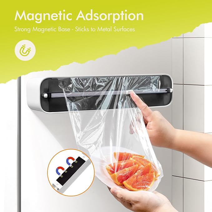Aluminum Foil & Plastic Wrap Dispenser with Cutter - Magnetic & No-Drill Wall Mount, Cling Film Dispenser for Countertops & Cabinets, Space-Saving Kitchen Organizer - Fits 150 m Rolls, Black - Image 3