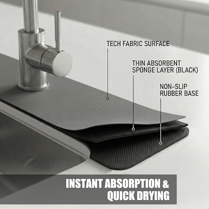 Absorbent Kitchen Sink Faucet Mat: 2PCS 14"Lx5.5"W Small Grey Splash Guard for Compact Sink - Fits Irregular Sink with 2, 3 holes, Soap Dispenser & Air Gap - Cuttable Drip Catcher for Bathroom RV Bar - Image 4