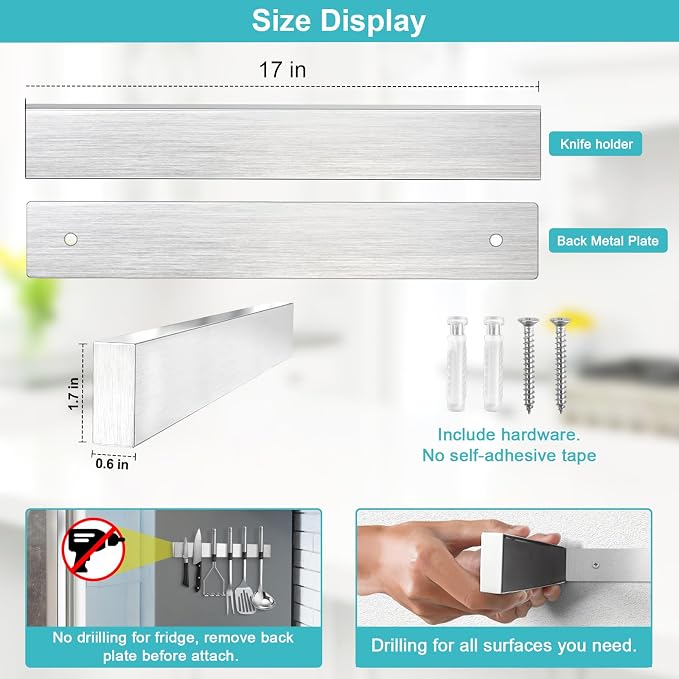 Magnetic Knife Holder for Wall, Knife Magnetic Strip Magnetic Knife Holder for Refrigerator Mount Knife Rack Kitchen Utensil Holder Metal Tool Holder Knife Block Kitchen Organizers Accessories 17 Inch - Image 4