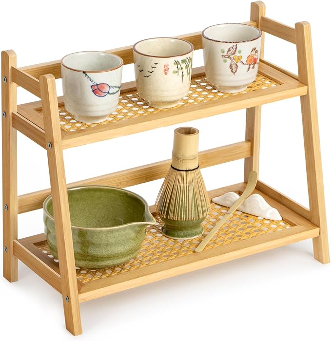 ANBOXIT Matcha Station Organizer, Countertop Bamboo Coffee & Tea Station | Rattan-Look 2 Tier Mug Holder Display Stand for Kitchen Condiment, Coffee Accessories, Home, Office by ANBOXIT
