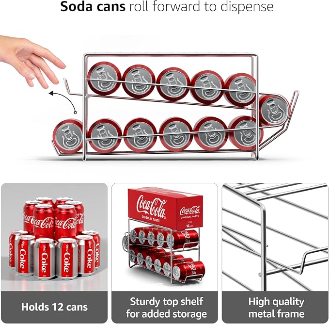 Sorbus Soda Can Rack Beverage Dispenser (1 Pack, Silver) – Holds 12 Standard 12oz Cans – Soda Can Organizer for Refrigerator, Pantry, or Countertop - Image 4