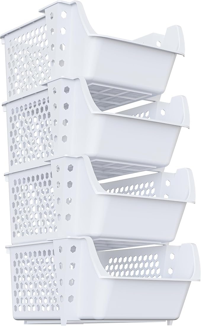 Skywin Stackable Storage Bins Open Front for Pantry Storage, 4 Pack - White | Sturdy Plastic, Easy Stacking, Breathable & Open Front Design, Pantry Storage for Snacks, Toiletries, and Small Essentials - Image 9