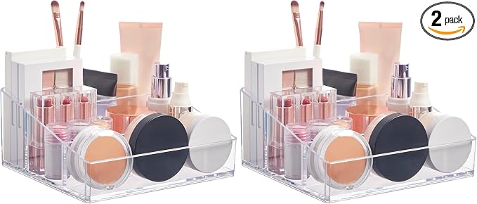 STORi Clear Plastic Small Countertop Vanity Makeup Organizer, Compact Rectangular 4-Compartment Holder for Brushes, Eyeshadow Palettes, & Beauty Supplies, Made in USA (Pack of 2) by STORi
