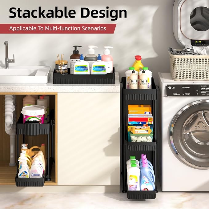 4-Pack 2-Tier Under Sink Organizer with Pull Out Drawers | Multi-use kitchen & bathroom storage. Includes hanging hooks and cups. Black, space-saving cabinet design. - Image 5