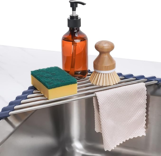 Tomorotec Triangle Roll-Up Dish Drying Rack for Sink Corner Small Foldable Stainless Steel Over The Sink Multipurpose Kitchen Drainer Caddy Organizer Storage Shelf Holder (Deep Blue) | BPA-Free Food-Grade Silicone Edges Foldable Waterproof Rustproof He... by Tomorotec