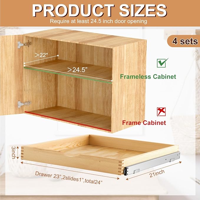 Sintuff 4 Pack Wooden Pull out Tray Cabinet Organizer Gentle Close Roll out Shelves for Kitchen Cabinets Fully Assembled Slide Pantry Shelves (24'' X 21'') - Image 7