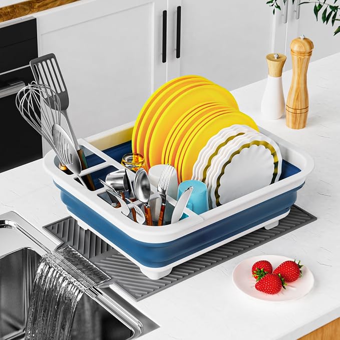 Dish Rack,Drying Rack Kitchen, Dish Racks for Kitchen Counter, Collapsible Dish Drying Rack—Suitable for Kitchens, motorhomes, Yachts, Campers - Blue-White (with Silicone Drain Pad) - Image 3
