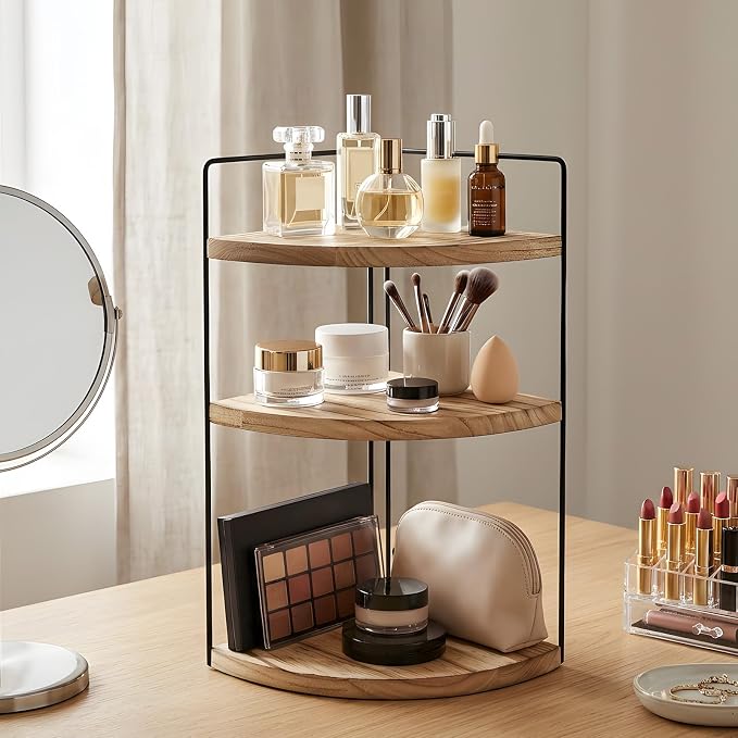 Corner Bathroom Counter Organizer Countertop Brown, 2 Pack 3 Tier Corner Shelf Wood Vanity Tray Easy Assembly Space Saving Shelf for Kitchen, Bathroom, Dresser, Makeup, Office - Image 2