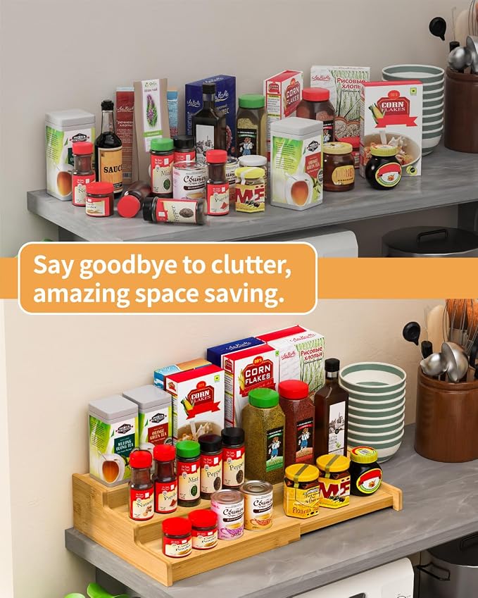 Spice Rack 3-Tier Natural Bamboo, Adjustable Cabinet Organizer Shelf | Expands 8.7-15.6"cabinets. Stepped design, labels visible.Storage organizer saves space, easy wipe. For spices, jars,cans. - Image 2
