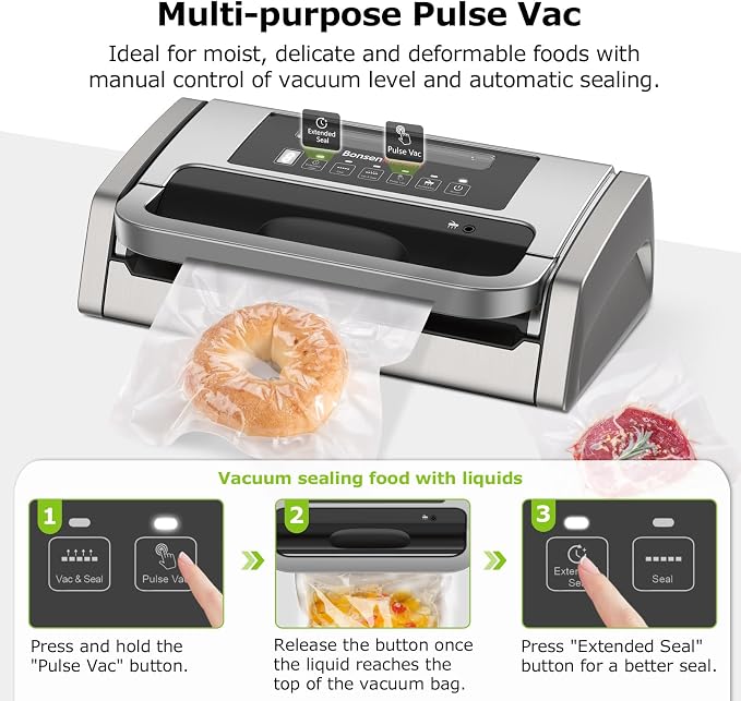Bonsenkitchen Vacuum Sealer Machine with Globefish Technology, Low-Noise | Powerful Food Vacuum Sealer, High-Speed Continuous Working, Built-in Cutter & Bag Storage for Food Preservation, Silver - Image 3