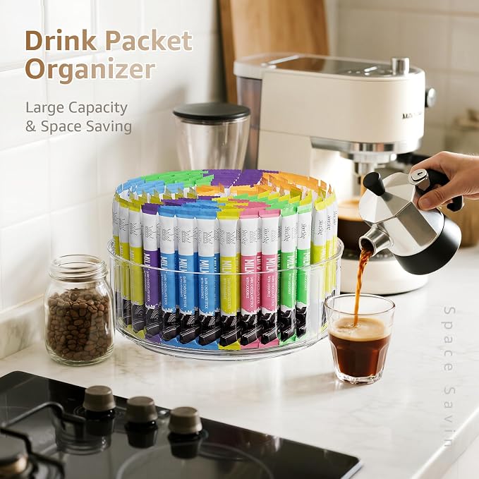 Divided Drink Packet Organizer, Largr Rotating Clear Lazy Susan Turntable | for Powdered Drink Mix, Water Drink Packet Holder, Water Flavor Packet, Coffee, Tea – Space-Saving Countertop Organizer - Image 4