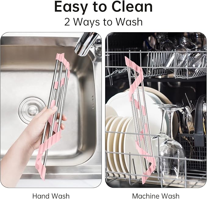 Tomorotec Triangle Foldable Dish Drying Rack, Small Roll-Up Stainless Steel Over Sink Drainer for Kitchen Sink Corner, Rustproof Multipurpose Organizer(Pink) | BPA-Free Food-Grade Silicone Edges Foldable Waterproof Rustproof Heavy-Duty Space Saver Heat... - Image 5