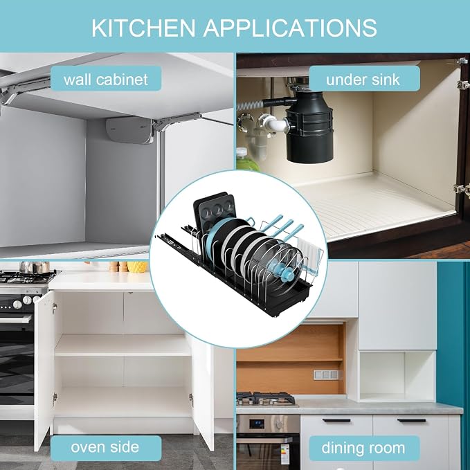Pots and Pans Organizer Under Cabinet, 22" Deep Expandable, 2 Pack | Pot Organizers inside Cabinet with 10 Adjustable Dividers & Handrail, No Drill Pot Lid Holder, Sliding Pot Lid Holder - Image 9