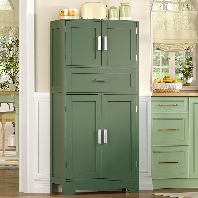 Bathroom Floor Storage Cabinet with Adjustable Shelf, Freestanding Storage Cabinet with 4 Doors, Cupboard for Living Room, Home Office, Entryway, Forest Green - Image 5