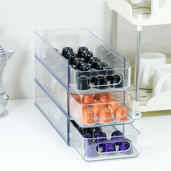 3 Tier Stackable Storage Drawer Organizer, Clear, Small | Plastic, Narrow Pull Out Container, For Under Sink, Corner, Kitchen Cabinet, Coffee bar, Pantry, Laundry, Countertop - Image 7