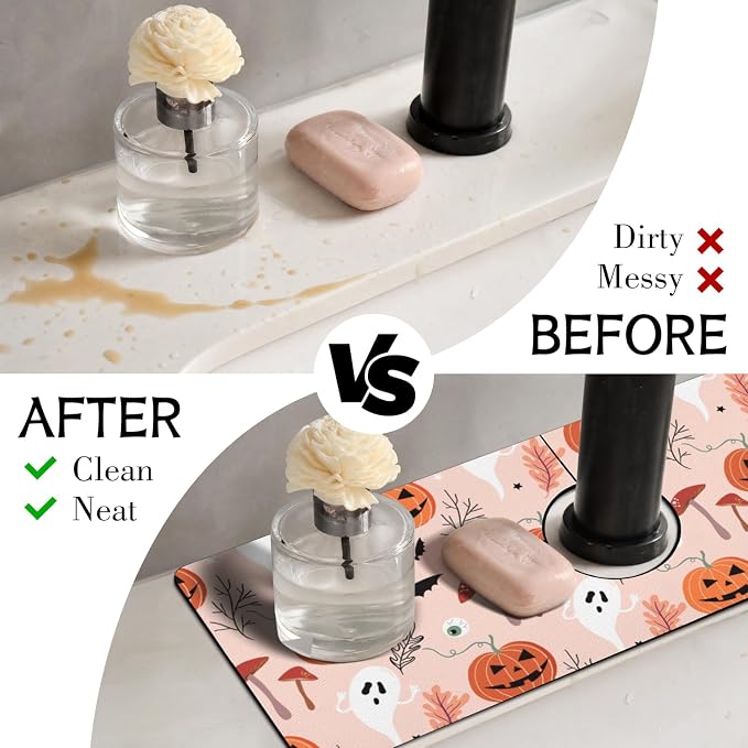 Halloween Kitchen Sink Splash Guard Faucet Mat,Pumpkin Plants Ghost Bat Halloween Faucet Non-Slip Absorbent Mat,Farmhouse Sink Splash Guard Behind Faucet for Kitchen Bathroom,15"x5.5" - Image 3