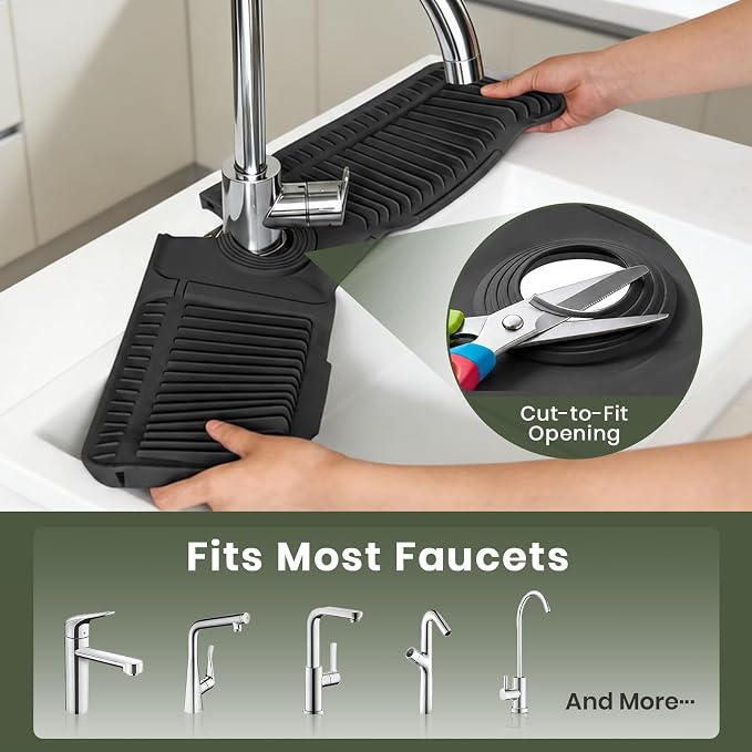 24 Inch Faucet Mat for Kitchen Sink, Silicone Splash Guard for Kitchen Sink Area, 7° Slope Fast Self-Draining Sink Mat, Cuttable Hole Design, Sink Backsplash Guard Draining Mat, Black - Image 5