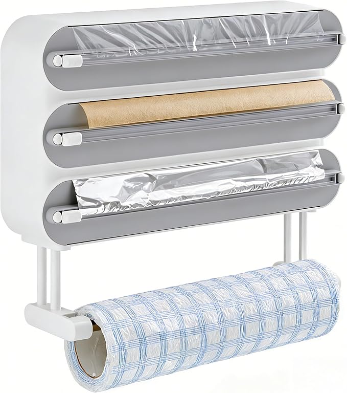 Kitchen Wrap Organizer Wall Mount — Plastic Wrap, Aluminum Foil, Parchment Paper & Paper Towel Holder, 4-in-1 Magnetic Cabinet Organizer, Space Saving ABS Kitchen Storage - Image 5