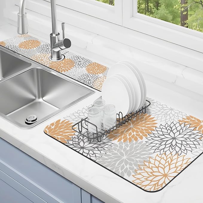 Dish Drying Mat for Kitchen Counter Matt, 2PCS 19"x12" Dish Drainer Mat & 24"x5.5" Sink Splash Guard, Super Absorbent Non-slip Rubber Backed by Kuyig+Home