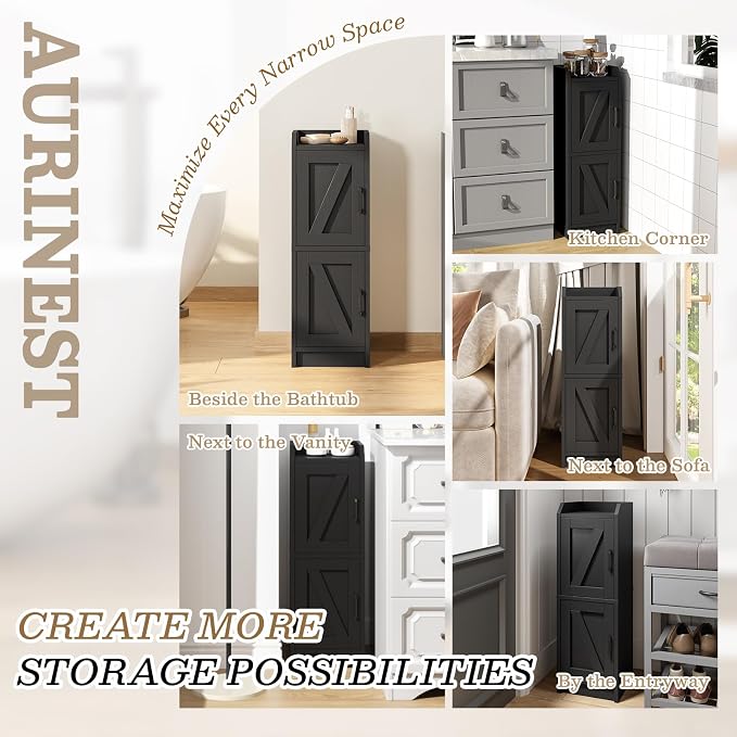 Narrow Bathroom Storage Cabinet with 2 Doors and Shelves, 9.8" W Small Storage Cabinet for Toilet Paper Storage, Slim Cabinet for Small Spaces, Bathroom, Kitchen, 9.8" W × 7.9" D × 29.5" H, Black - Image 6