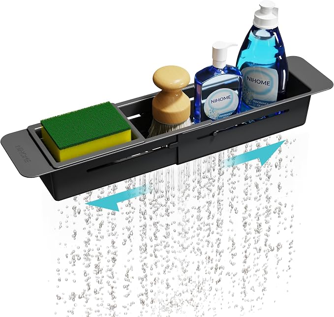 NiHome Extendable Kitchen Sink Caddy, Small Brush Sponge Storage Holder | Expandable Kitchen In Sink Organizer for Brush & Sponge with Drainage, Adjustable Length, Non-Slip Pads, Durable ABS (Black) by NiHome
