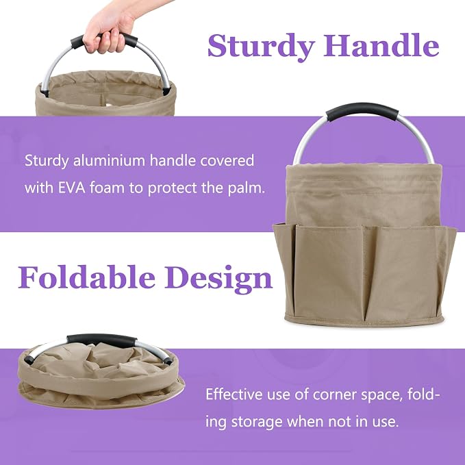 17L Cleaning Supply Caddy with Soft Handle, Portable Shower Caddy in 600D Oxford Fabric, Garden Tool Organizer Bag, Multifunctional Storage Basket for Bathroom, Garden, Khaki - Image 8