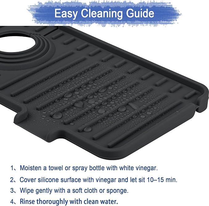 Amerner Kitchen Sink Splash Guard, 10° Large Slope & Adaptable Hole Faucet Mat for Kitchen Sink, Silicone Sink Organizer Sponge Holder for Kitchen, Bathroom, RV, Bar, 14.2” x 5.1”, Black - Image 8