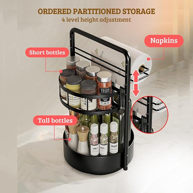 Rotating Spice Rack with Paper Towel Holder, Black | 2 Tier Turntable Lazy Susan, Durable Iron, Seasoning Organizer, For Kitchen Countertop - Image 3