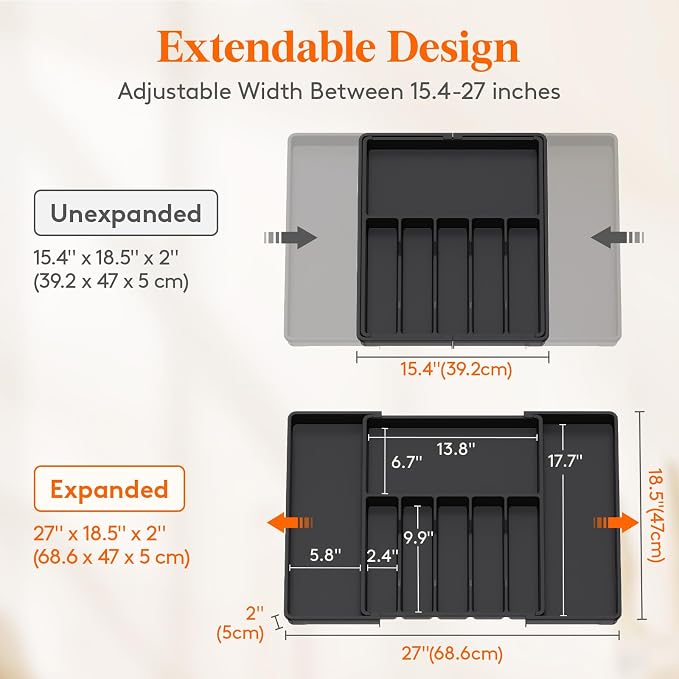 Lifewit Extra Large Silverware Drawer Organizer, Expandable Utensil Tray | BPA Free Flatware Cutlery Holder for Kitchen, Adjustable Plastic Storage for Spoons Forks Knives, 15- 27 x 18.5", Black - Image 4