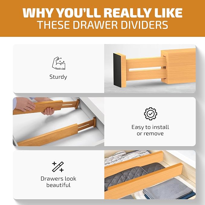 4-Pack Drawer Dividers 2.6-Inch High Dresser Drawer Organizer 16 to 22 Inch | Bamboo, Spring Loaded, No Tools Needed, Fits Wide Drawers for Socks, Clothes, Utensils, Bedroom, Bathroom, Kitchen, Office - Image 6