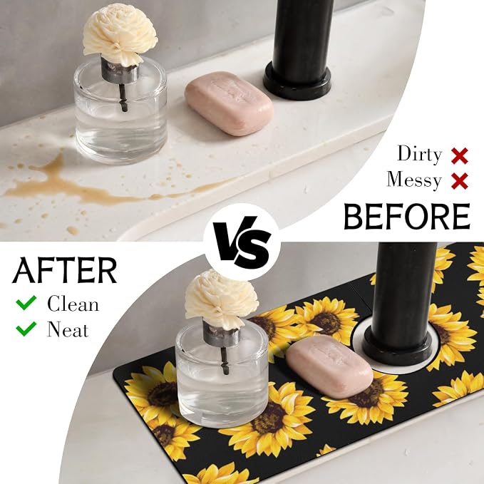 Vintage Black Sunflowers Kitchen Sink Splash Guard Faucet Mat,Faucet Non-Slip Absorbent Mat,Farmhouse Sink Splash Guard Behind Faucet for Kitchen Bathroom, 15"x5.5" - Image 3