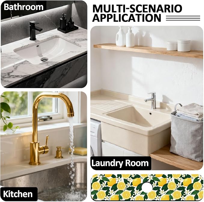 2 Pcs Kitchen Sink Splash Guard Faucet Mat Lemon Flowers and Leaves Pattern Faucet Mat for Sinks Flower Absorbing Drying Mats for Kitchen Bathroom - Image 7