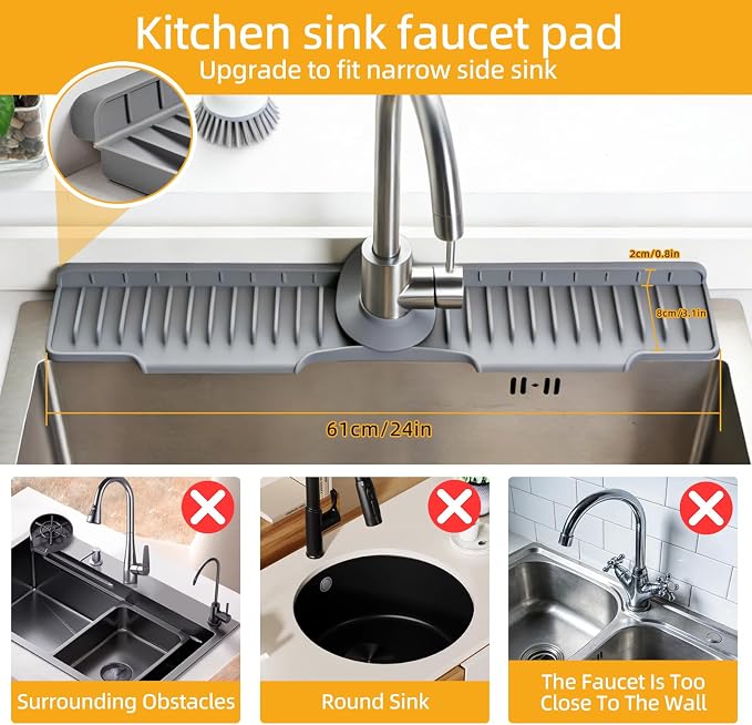 24" Silicone Sink Mat for Kitchen(Released in 2026), Grey | 8° Slope for Quick Self-draining, Sink Splash Guard Behind the Faucet, Narrow Water Splash Guard, for Kitchen&Bathroom Area - Image 2