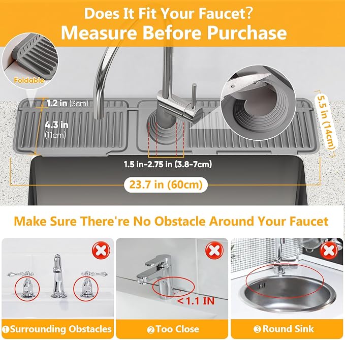 24'' Longer Faucet Mat for Kitchen Sink Splash Guard[7° Slope Fast Self-draining][Snap Lock Fit]Kitchen Sink Faucet Mat Splash Guard Kitchen Sink Area Water Splash Guard Behind Faucet Draining Mat - Image 2