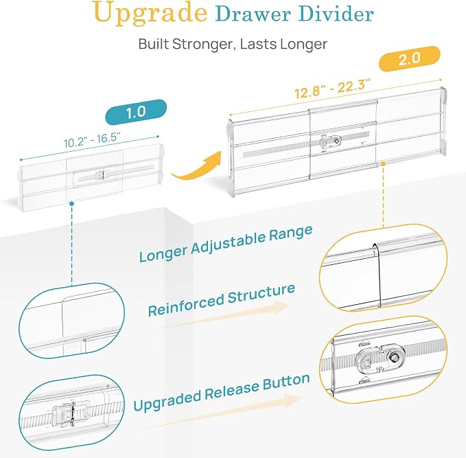 Vtopmart 6" Tall Upgrade Drawer Dividers, 12.8"-22.3" Expandable, 4 Pack | Deep Drawer Organizer, Big Drawer Separator, Clear plastic Adjustable Storage Divider for Dresser, Baby Supplies, Kitchenware - Image 8