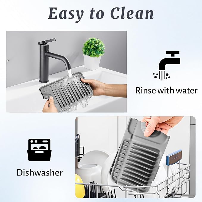 PoYang 17.7 Inch Faucet Mat for Kitchen Sink Splash Guard, Silicone, Grey | Sink Protectors with 7° Slope for Smooth Drainage, Snap Button Holds It in Place, 90° Foldable & Cuttable Hole Fit Most Sinks - Image 9