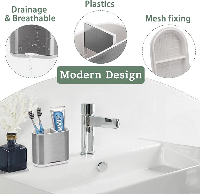 Toothbrush Holders Toothpaste Organizer for Bathrooms, Sliver, Small | 2 Slots, Easy to Clean, Plastic, Kids Electric Toothbrush, Drainage, Removable, For Bathroom, Vanity, Kitchen Sink, Office - Image 3