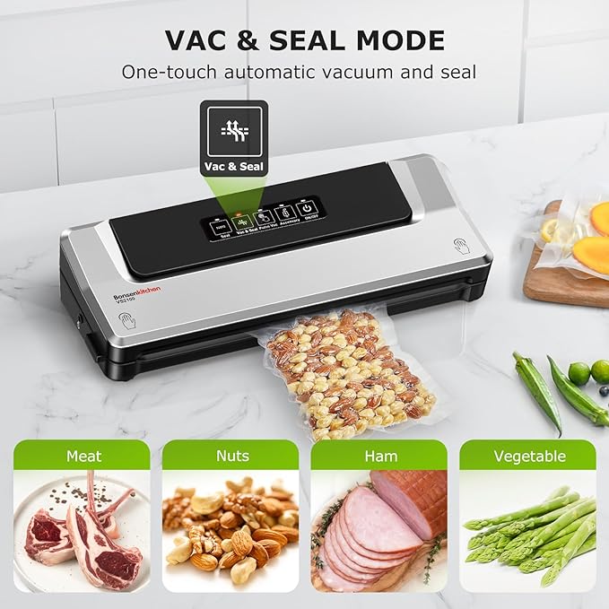 Bonsenkitchen Vacuum Sealer Machine, Multiple Modes For Meal Prep,Silver | Compact Vacuum Sealer for Kitchen Storage & Sous-Vide,External Vacuum System,6x Longer Freshness,5 Vacuum Bags - Image 4