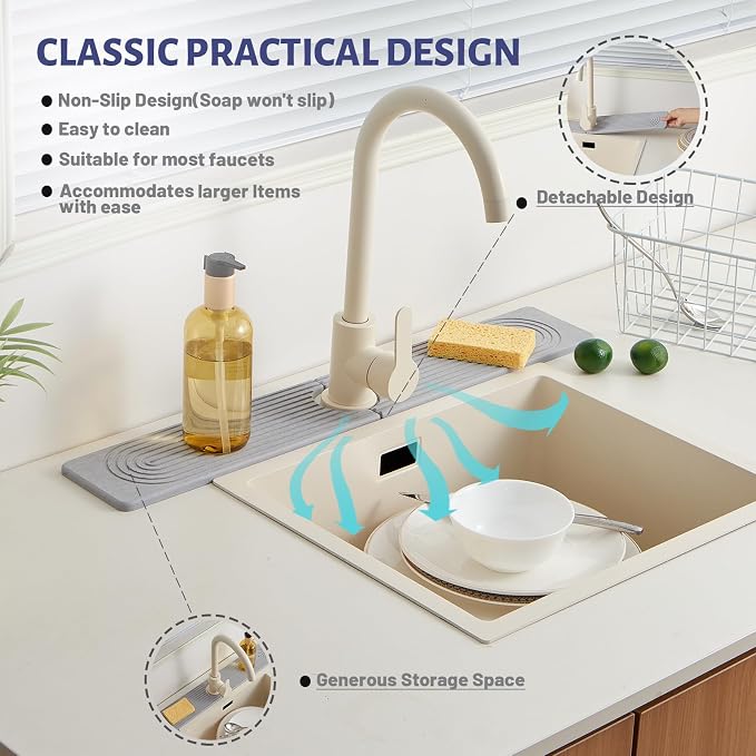 Fast Drying Stone Faucet Mat for Kitchen Sink with Raised Feet | Sink Splash Guard Water Absorbing Stone Tray for Sink, Counter Protector Matt for Kitchen & Bathroom - Image 4