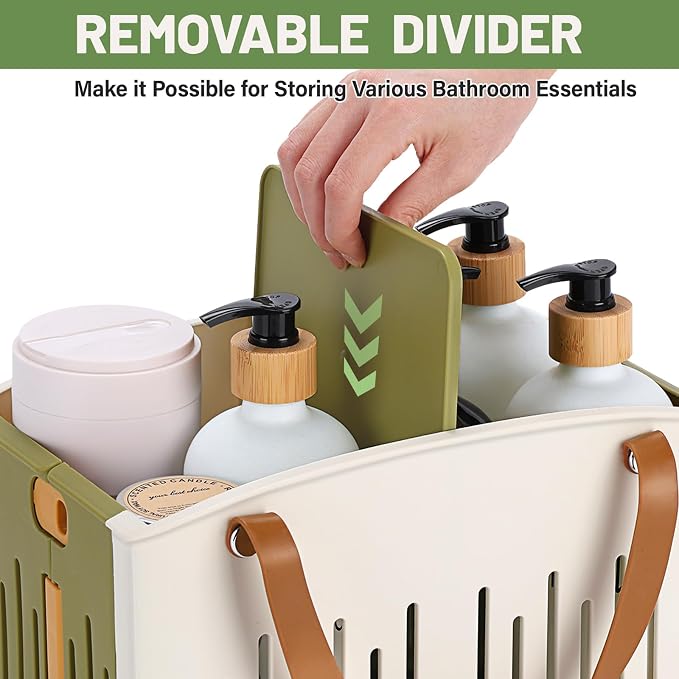Portable Shower Caddy Collapsible Plastic Shower Basket Tote with Handles Removable Divider, Cleaning Caddy Storage Organizer for Bathroom College Dorm (Green) - Image 4