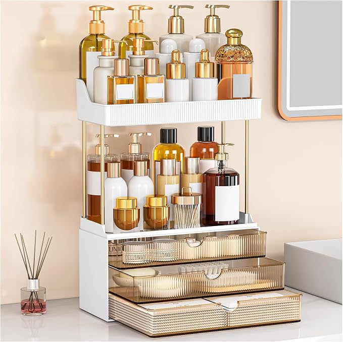 3-Drawer 2-Tier Acrylic Makeup & Bathroom Vanity Organizer | Amber,3 smooth drawers, 2 open shelves, dustproof, wipe clean, for large skincare, perfumes, lipsticks, dresser, counter by shoeboxesanddeskorganizers