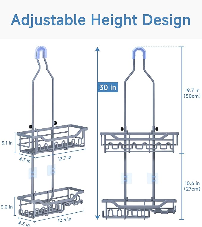 Upgraded Extended Length Shower Caddy Over Showerhead No Blocking to Showerhead, Rustproof Bathroom Organizers and Storage with Hooks Shampoo Soap Holder, Large Hanging Caddy, Grey - Image 2