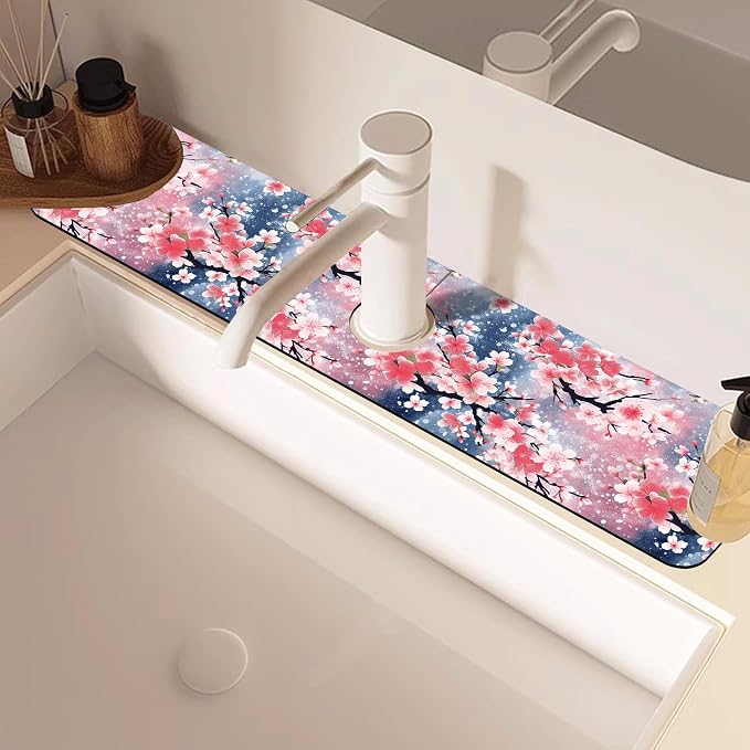 Japanese Pink Cherry Blossoms Dish Drying Mat for Kitchen Sink Splash Guard Behind Faucet Sink Mat Absorbent Fast Drying Faucet Draining Mat for Bathroom Kitchen 5.5"×24" - Image 2