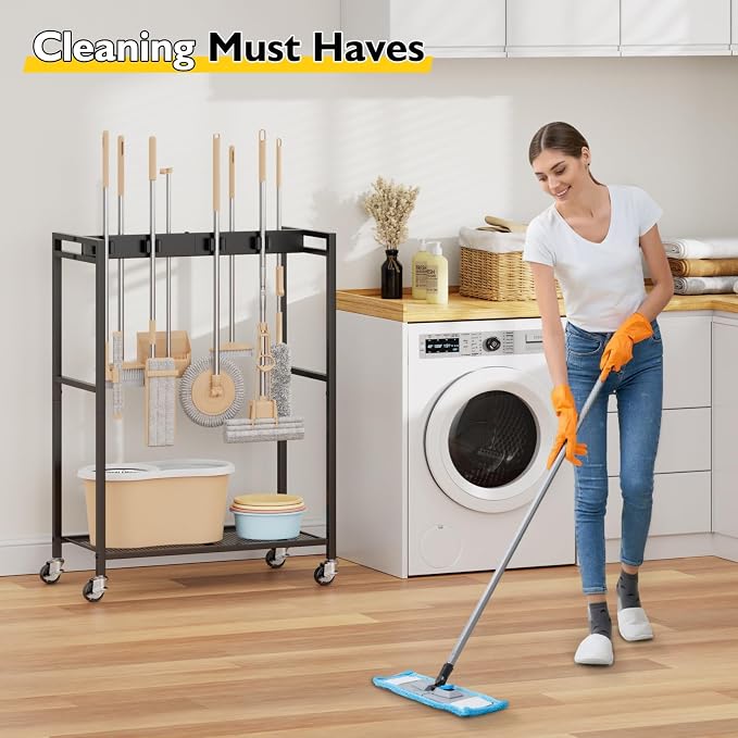BORISI Broom And Mop Holder, Movable Broom Closet Storage Cabinet, Cleaning Cart with Mop Hanger Gripper Rack, Janitorial Cart, Utility Carts, Laundry Room Organization Home Essentials - Image 9