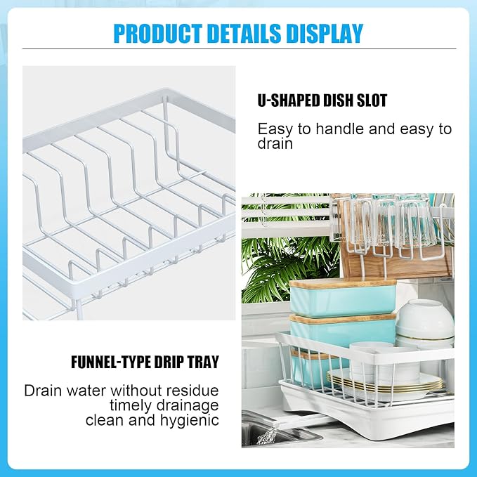 7 code 2-Tier Large Dish Drying Rack for Kitchen Counter, White | Detachable Large Capacity Dish Drainer Organizer with Auto Drain, Anti-Rust Dish Rack with Cup & Utensil Holders - Image 4